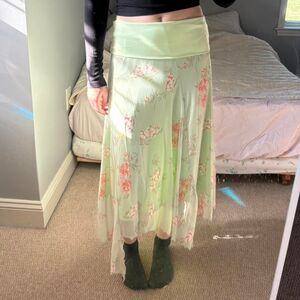 Green and pink floral handkerchief midi skirt